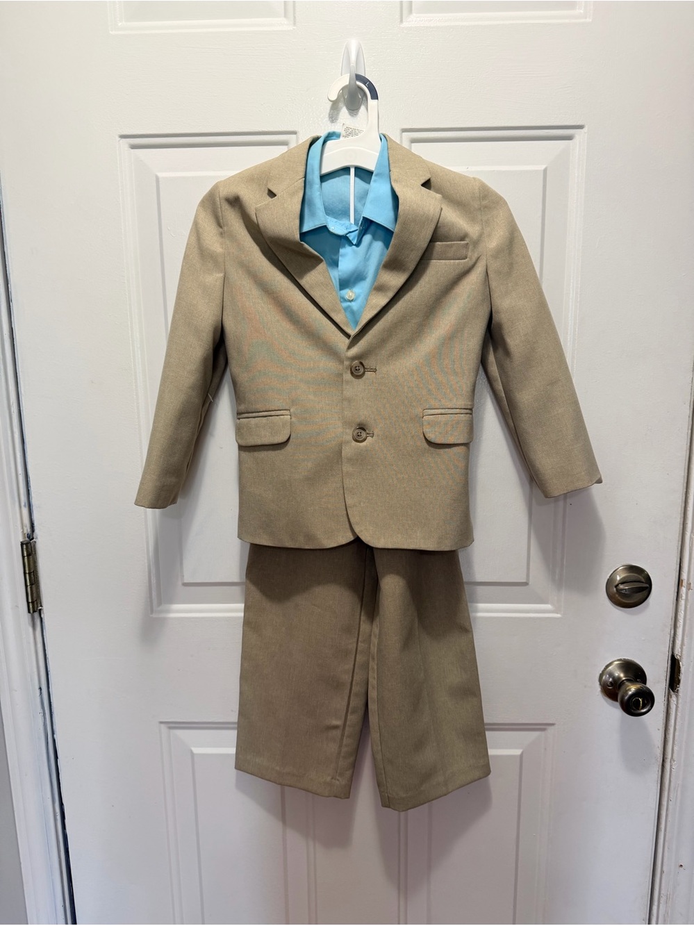 Boys Tan Dress Suit Jacket & Pants with Blue Shirt